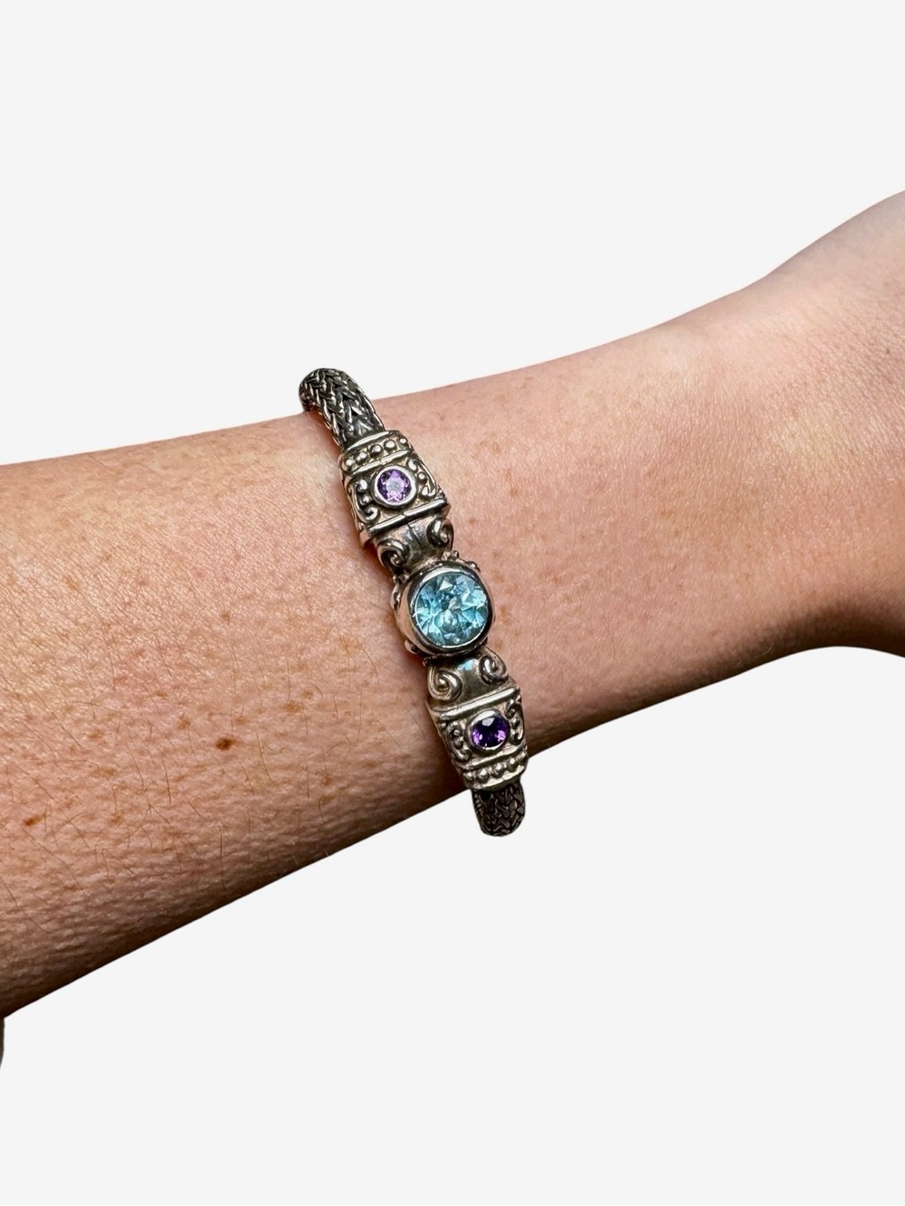 Amethyst & Blue Topaz Sterling Silver Wheat  Bracelet